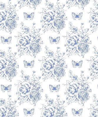 Fabric roller blind with blue flowers and butterflies