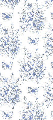 Fabric roller blind with blue flowers and butterflies