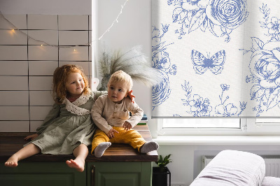 Fabric roller blind Blue flowers and butterflies