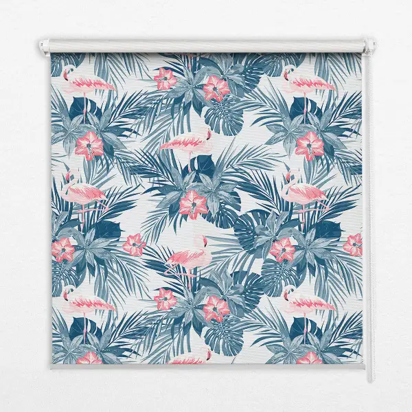 Roller blind for large window with tropical plants and flamingos pattern