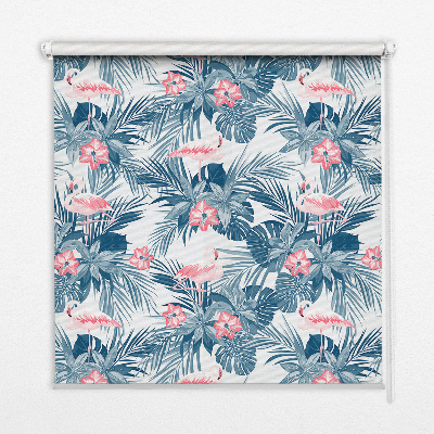 Roller blind for large window with tropical plants and flamingos pattern