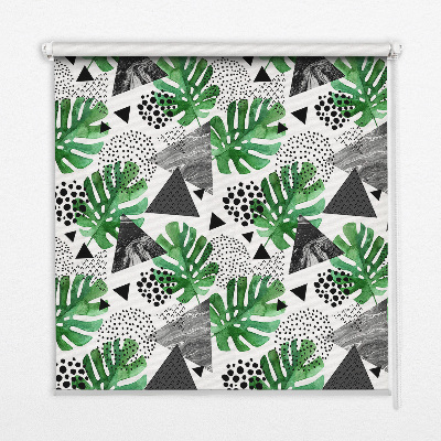 Modern roller blind with leaves, triangles, and dots pattern
