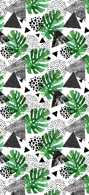 Modern roller blind with leaves, triangles, and dots pattern
