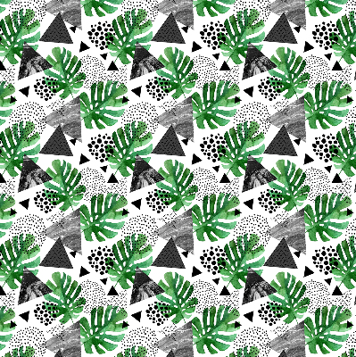 Modern roller blind with leaves, triangles, and dots pattern