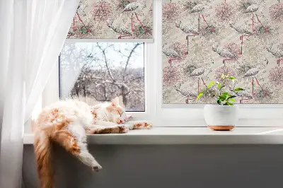 Fabric roller blind with white flamingos pattern