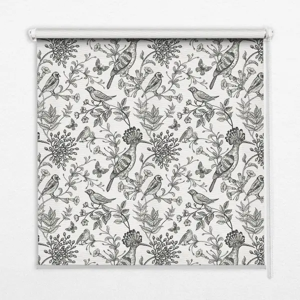 Fabric roller blind with a drawn birds and plants pattern