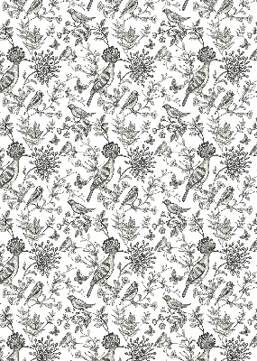 Fabric roller blind with a drawn birds and plants pattern