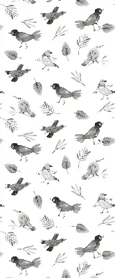 Modern roller blind with a drawn birds and leaves pattern