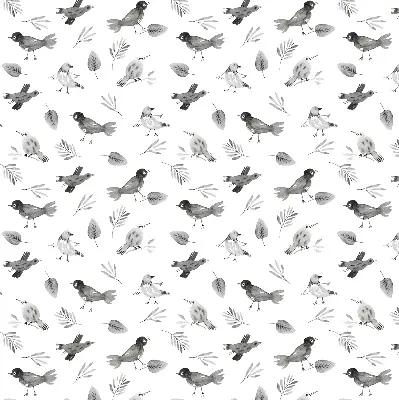 Modern roller blind with a drawn birds and leaves pattern