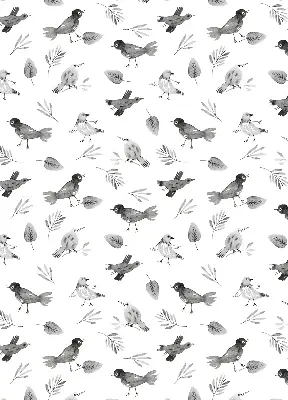 Modern roller blind with a drawn birds and leaves pattern