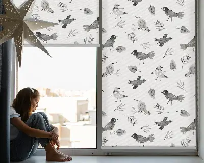 Modern roller blind with a drawn birds and leaves pattern
