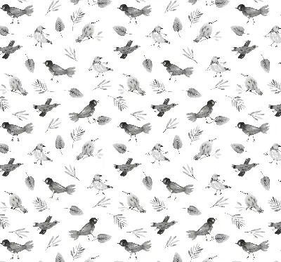 Modern roller blind with a drawn birds and leaves pattern