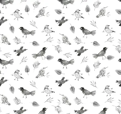 Modern roller blind with a drawn birds and leaves pattern