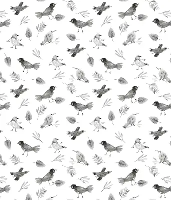 Modern roller blind with a drawn birds and leaves pattern