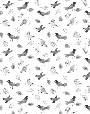 Modern roller blind with a drawn birds and leaves pattern