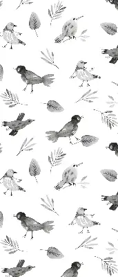 Modern roller blind with a drawn birds and leaves pattern
