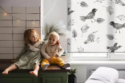 Modern roller blind with a drawn birds and leaves pattern