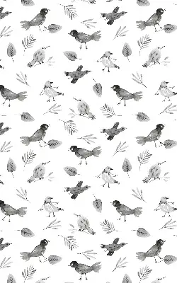 Modern roller blind with a drawn birds and leaves pattern