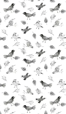 Modern roller blind with a drawn birds and leaves pattern