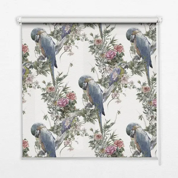 Roller blind for large window parrots on flowers design