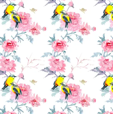 Modern roller blind with birds on flowers pattern