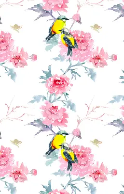Modern roller blind with birds on flowers pattern