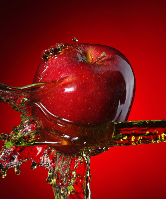 Fabric roller blind An apple doused with water