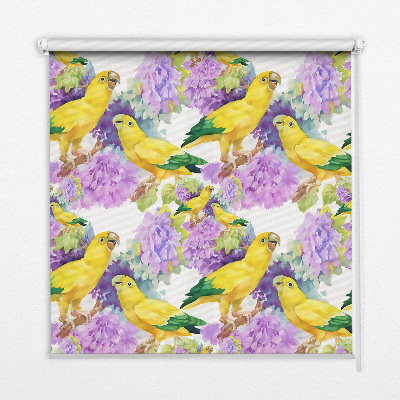 Roller blind for large window with yellow parrots pattern