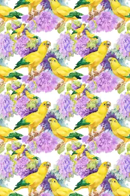 Roller blind for large window with yellow parrots pattern