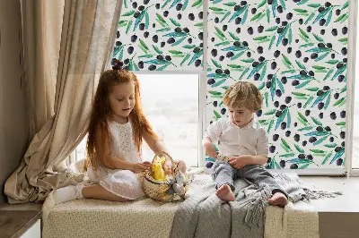 Fabric roller blind with a leaves and plums pattern