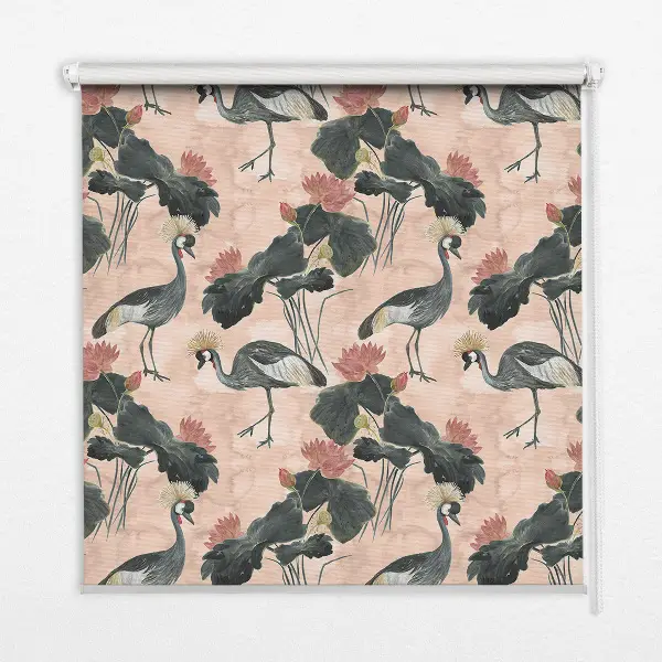 Roller blind for large window with heron on a pink background