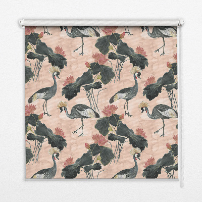 Roller blind for large window with heron on a pink background