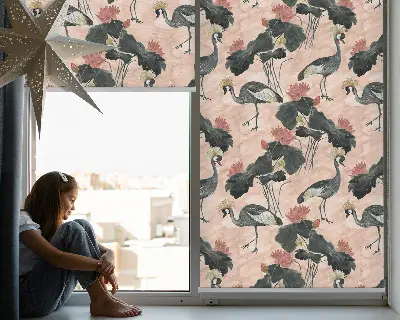 Roller blind for large window with heron on a pink background
