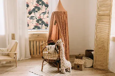 Roller blind for large window with heron on a pink background