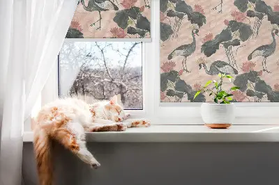 Roller blind for large window with heron on a pink background