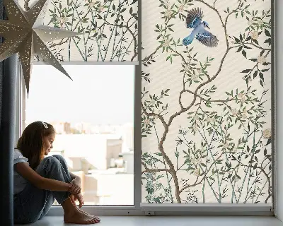 Roller blind for large windows birds on a tree pattern