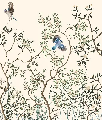 Roller blind for large windows birds on a tree pattern