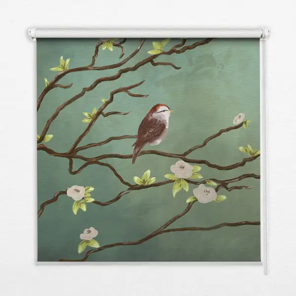 Fabric roller blind birds on a branch pattern