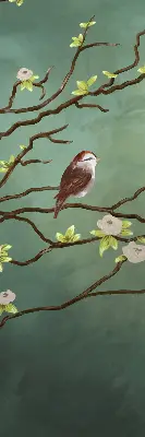Fabric roller blind birds on a branch pattern