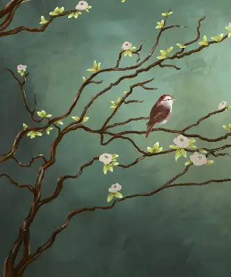 Fabric roller blind birds on a branch pattern