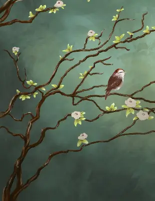Fabric roller blind birds on a branch pattern