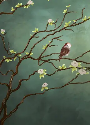 Fabric roller blind birds on a branch pattern