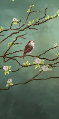 Fabric roller blind birds on a branch pattern
