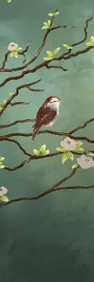 Fabric roller blind birds on a branch pattern