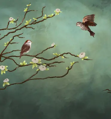 Fabric roller blind birds on a branch pattern