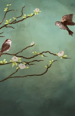Fabric roller blind birds on a branch pattern