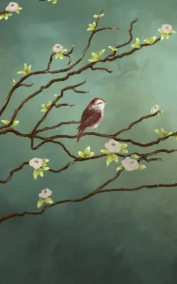 Fabric roller blind birds on a branch pattern