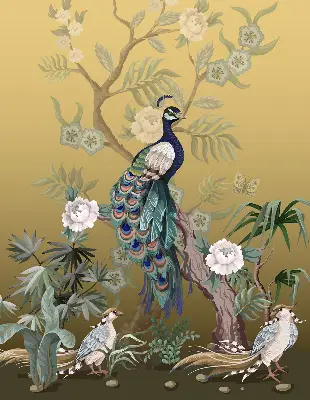 Roller blind for large window peacock on a tree design