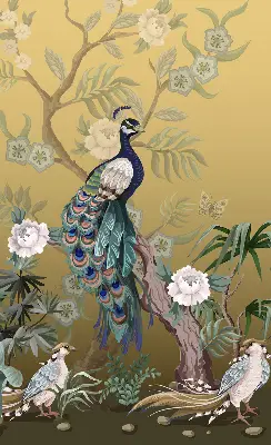 Roller blind for large window peacock on a tree design