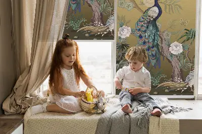 Roller blind for large window peacock on a tree design